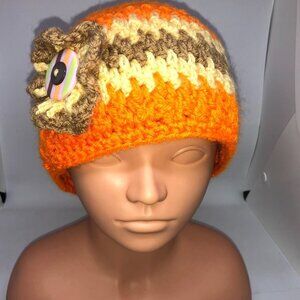 Handmade Crochet‎ Cap Orange & Tan w/Striped Button OSFM